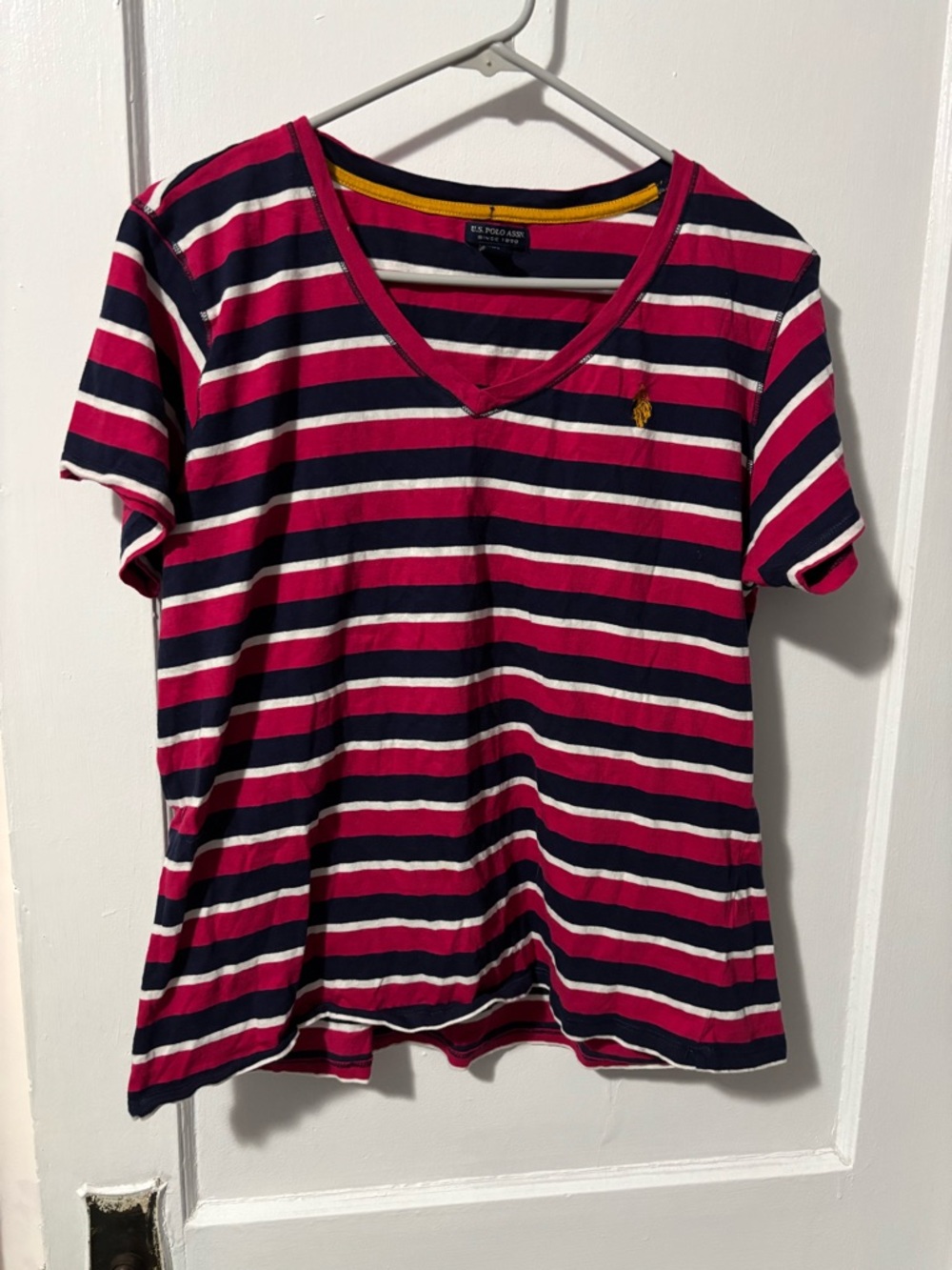 US Polo Assn. Black,White,& Red Striped V Neck Short Sleeve Tee Womans Size XXL